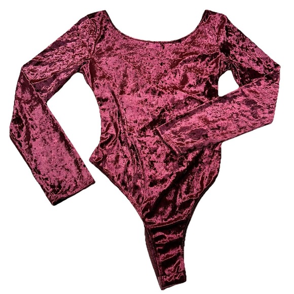 Lush Crushed Velvet Long Sleeve Bodysuit Burgundy Wine Holiday Party Women's L - Picture 2 of 10
